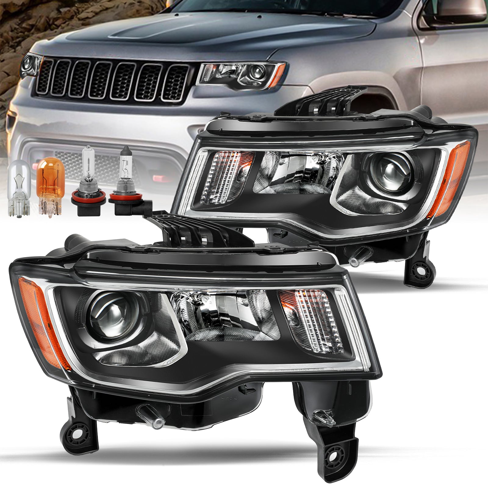 VehicleAid Headlights For 2017-2021 Jeep Grand Cherokee Chrome