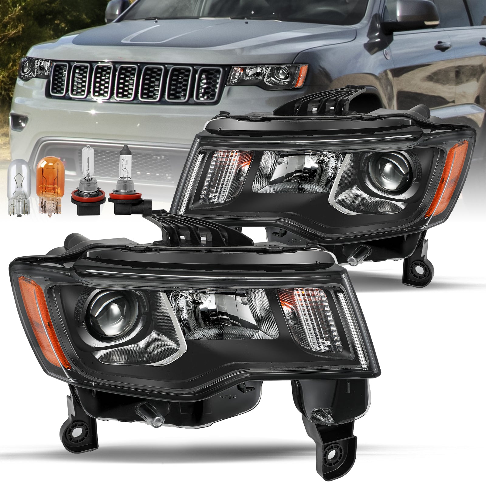 VehicleAid Headlights For 2017-2021 Jeep Grand Cherokee Black