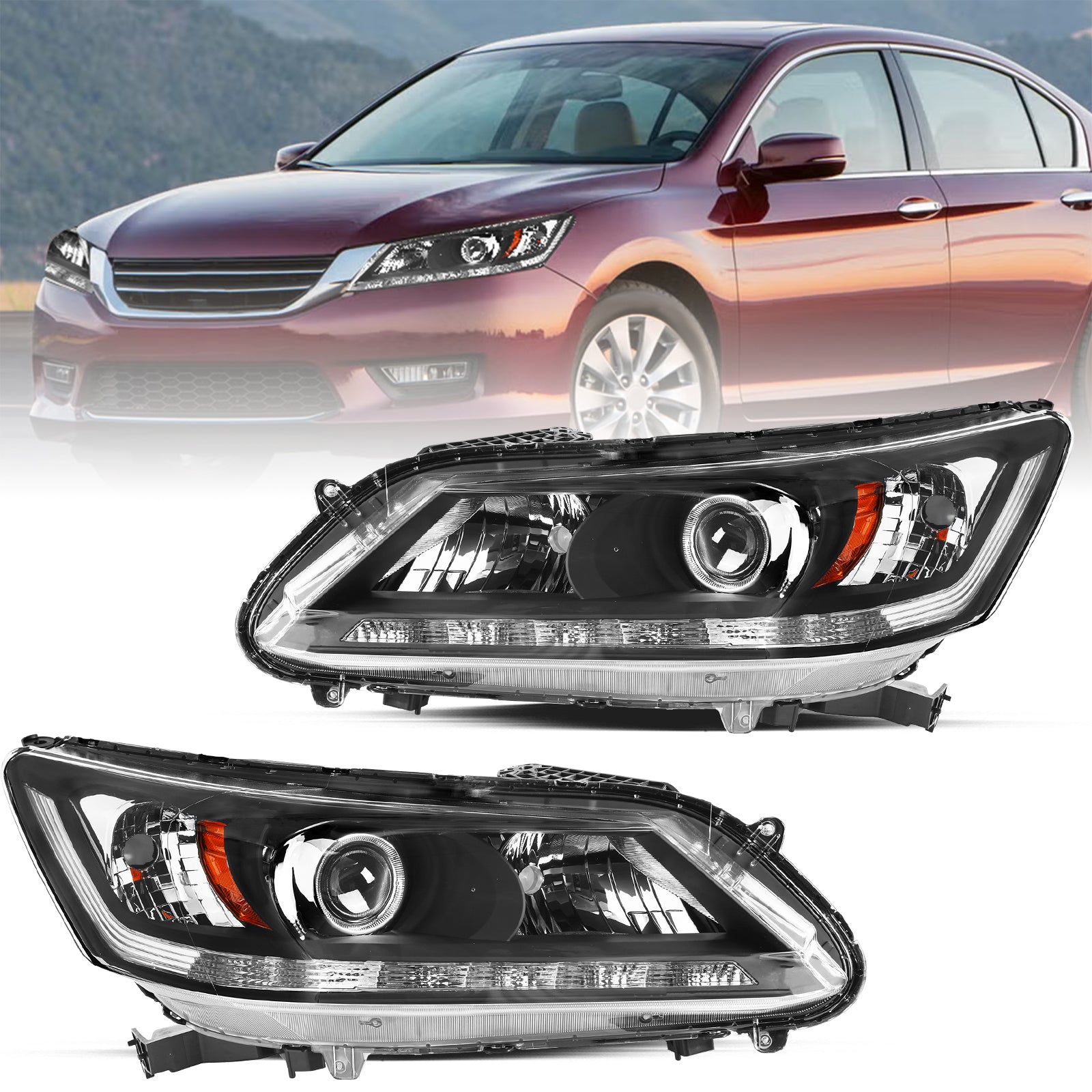 VehicleAid Headlights For 2013-2015 Honda Accord w/LED DRL