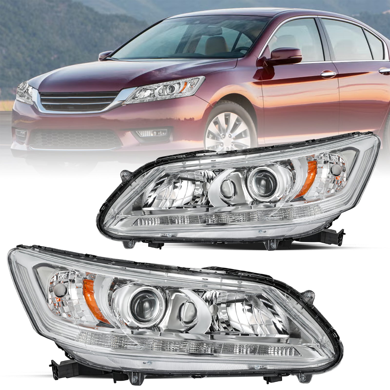 VehicleAid Headlights For 2013-2015 Honda Accord w/LED DRL