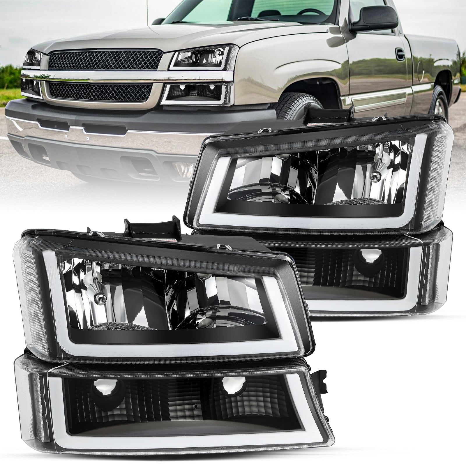 VehicleAid Headlights With U LED DRL For 2003-2006 Chevy Silverado /Avalanche