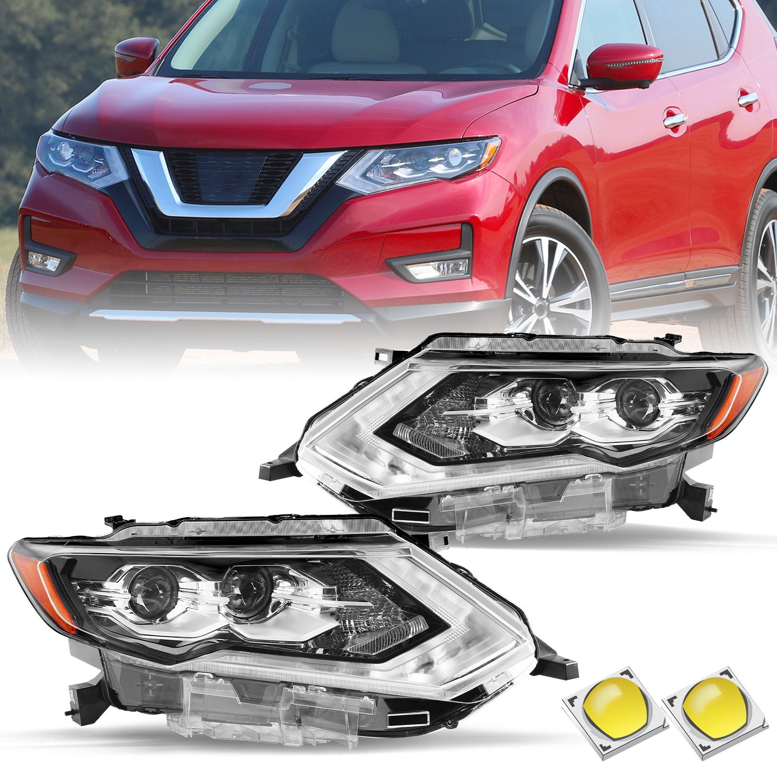 VehicleAid Full LED Headlights For 2017-2020 Nissan Rogue SL