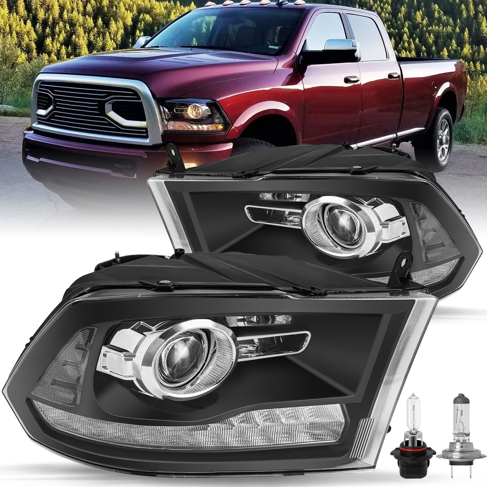 VehicleAid Headlights For 2009-2018 Dodge Ram 1500 Switchback LED Type