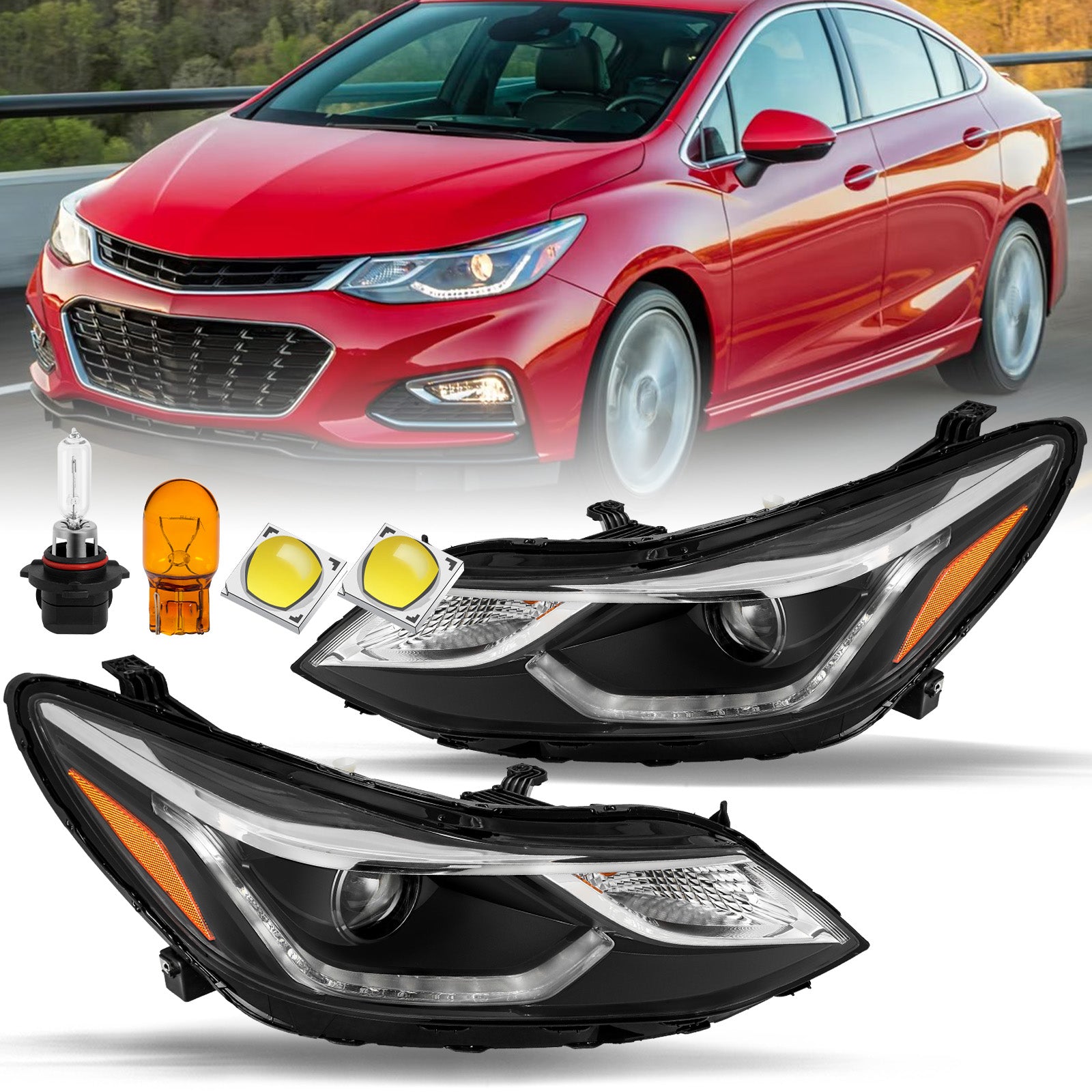 VehicleAid Headlights For 2016-2019 Chevy Cruze With LED DRL