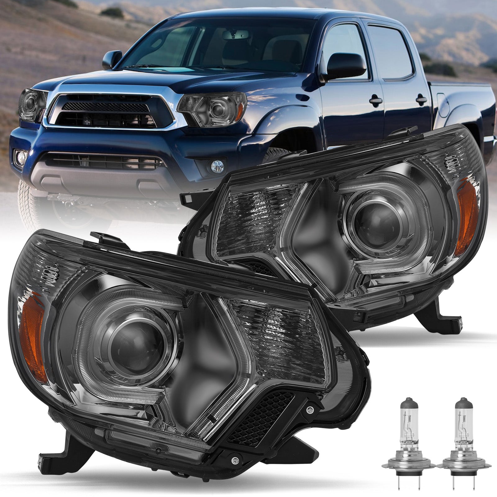 VehicleAid Headlights For 2012-2015 Toyota Tacoma LED DRL Projector Headlamps