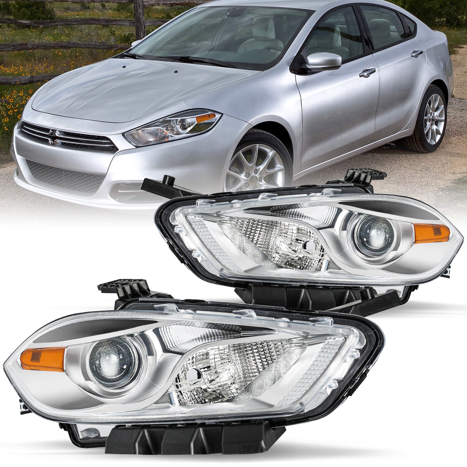 VehicleAid Headlights For 2013-2016 Dodge Dart Halogen Type Chrome