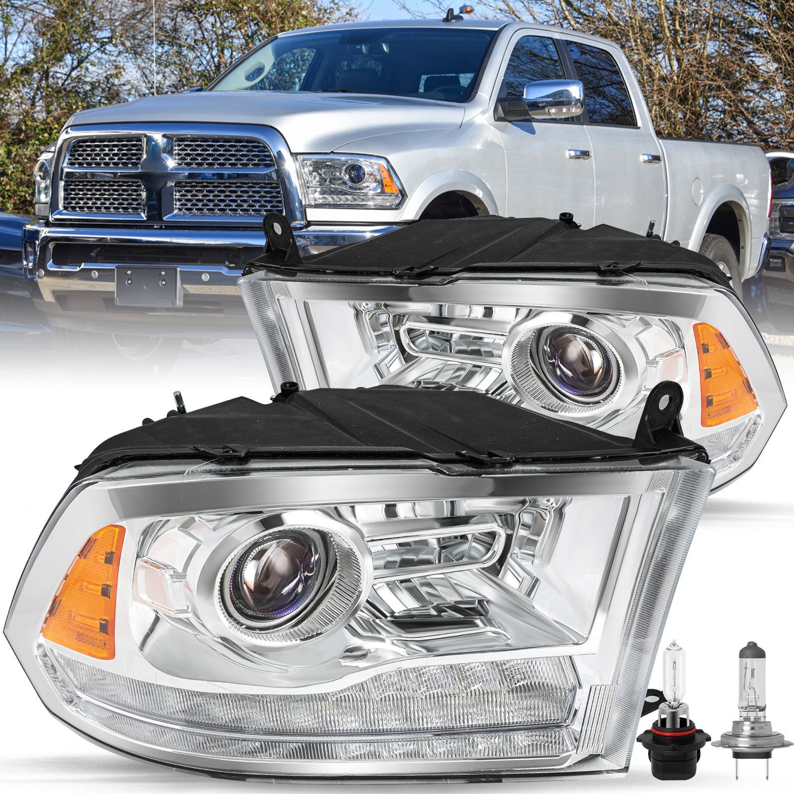 VehicleAid Headlights For 2009-2018 Dodge Ram 1500 Switchback LED Type