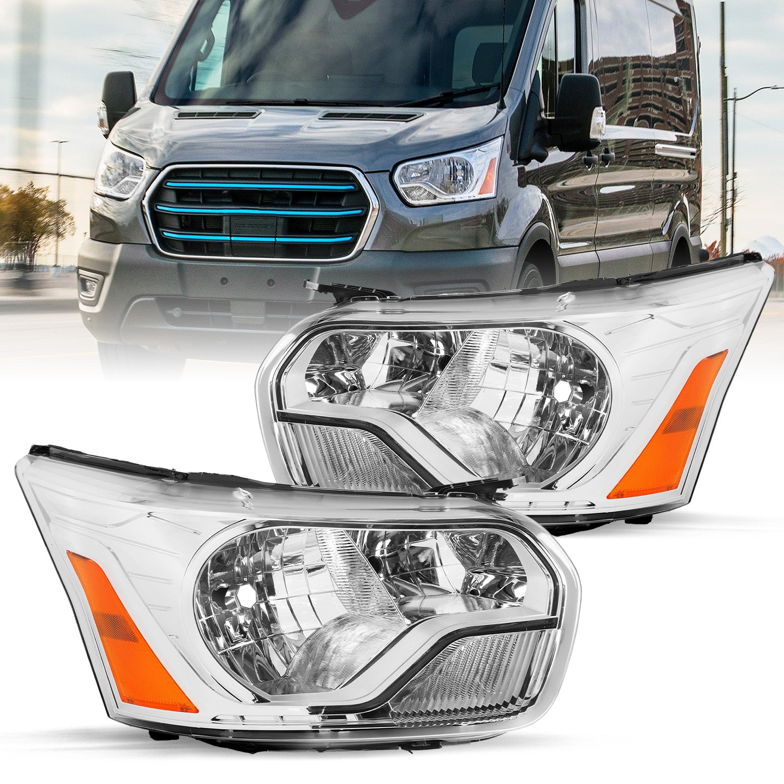 VehicleAid Headlights For 2015-2023 Ford Transit 150 250 350 350HD (Chrome Housing)