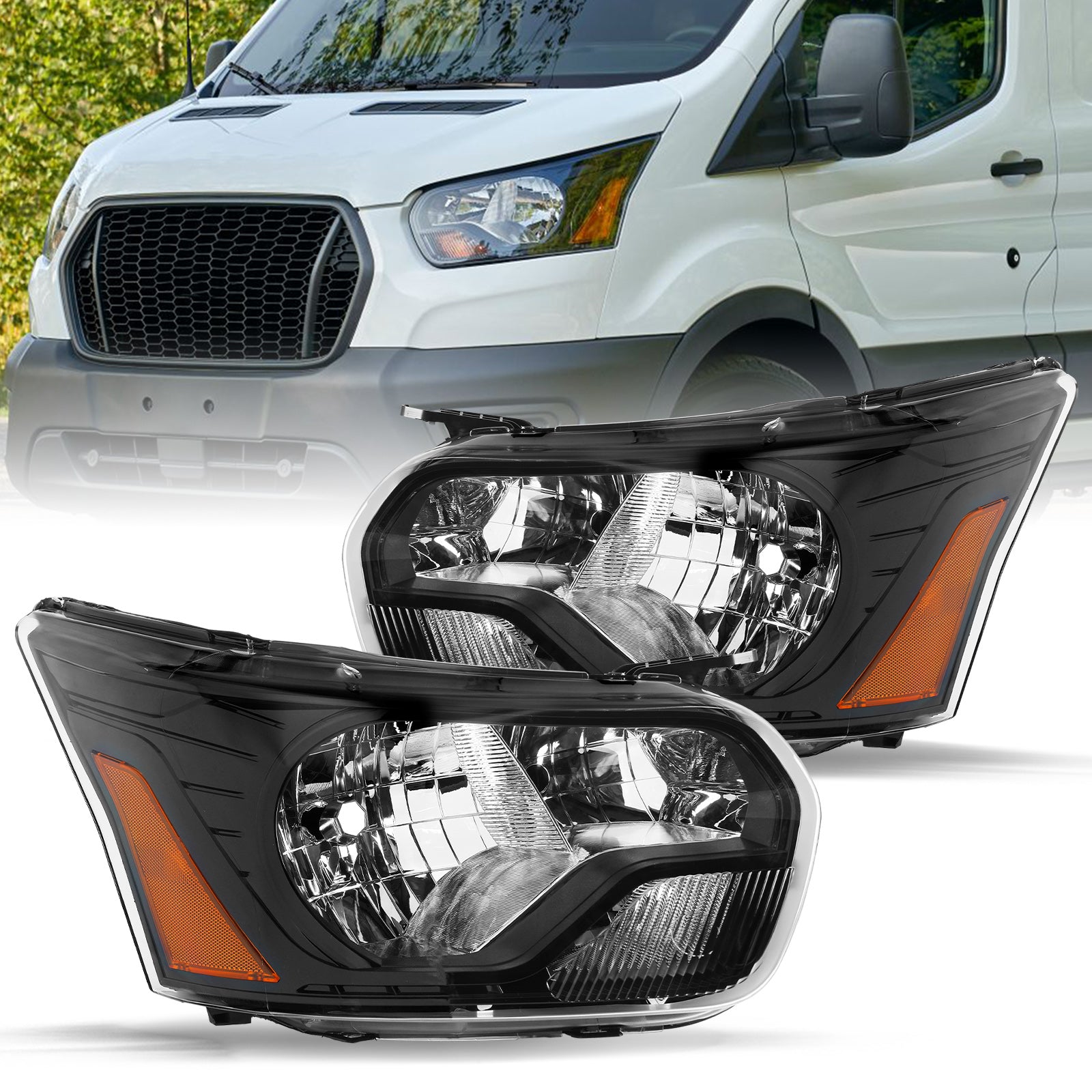 VehicleAid Headlights For 2015-2023 Ford Transit 150 250 350 350HD (Black Housing)