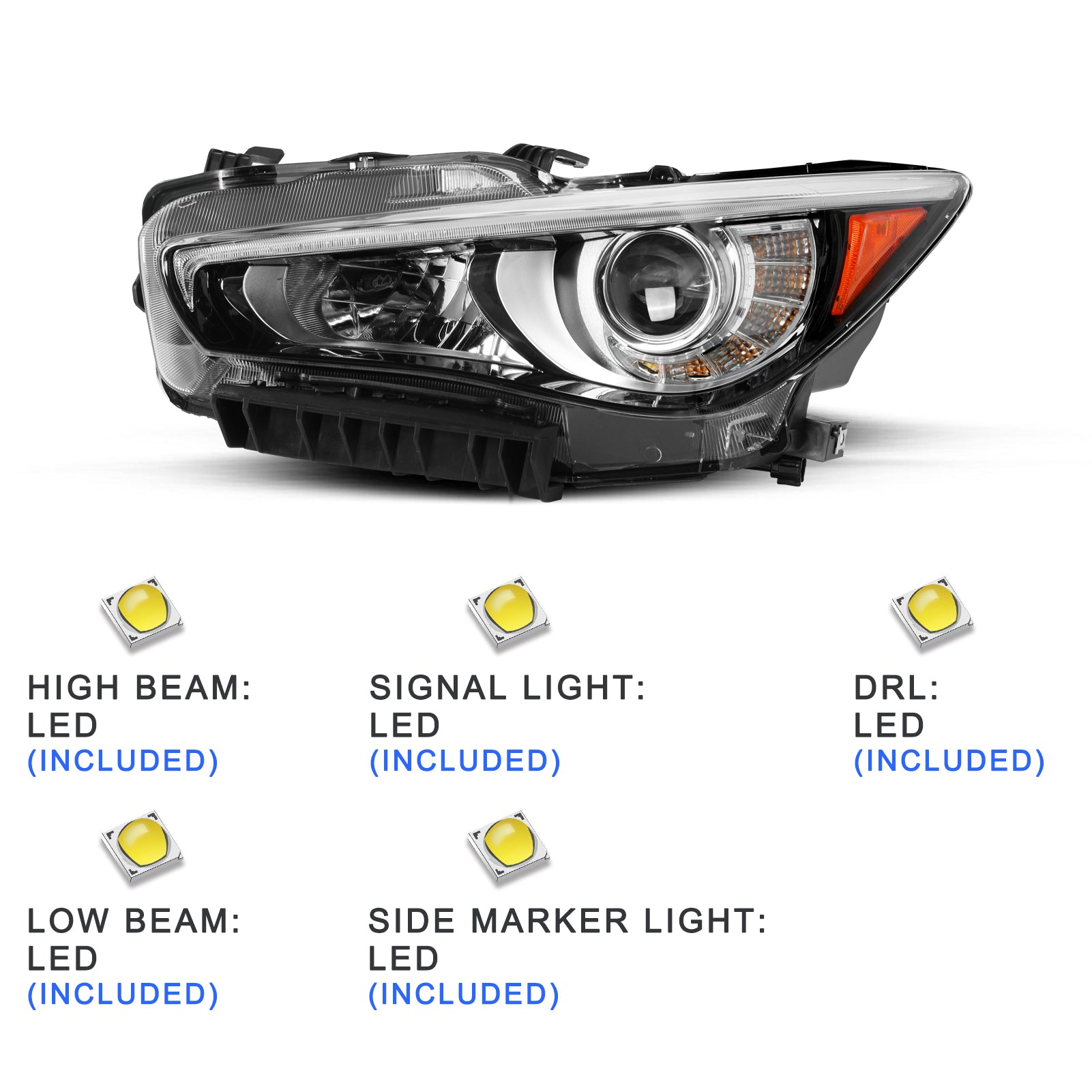 VehicleAid Full LED Headlights For 2014-2022 Infiniti Q50 w/AFS