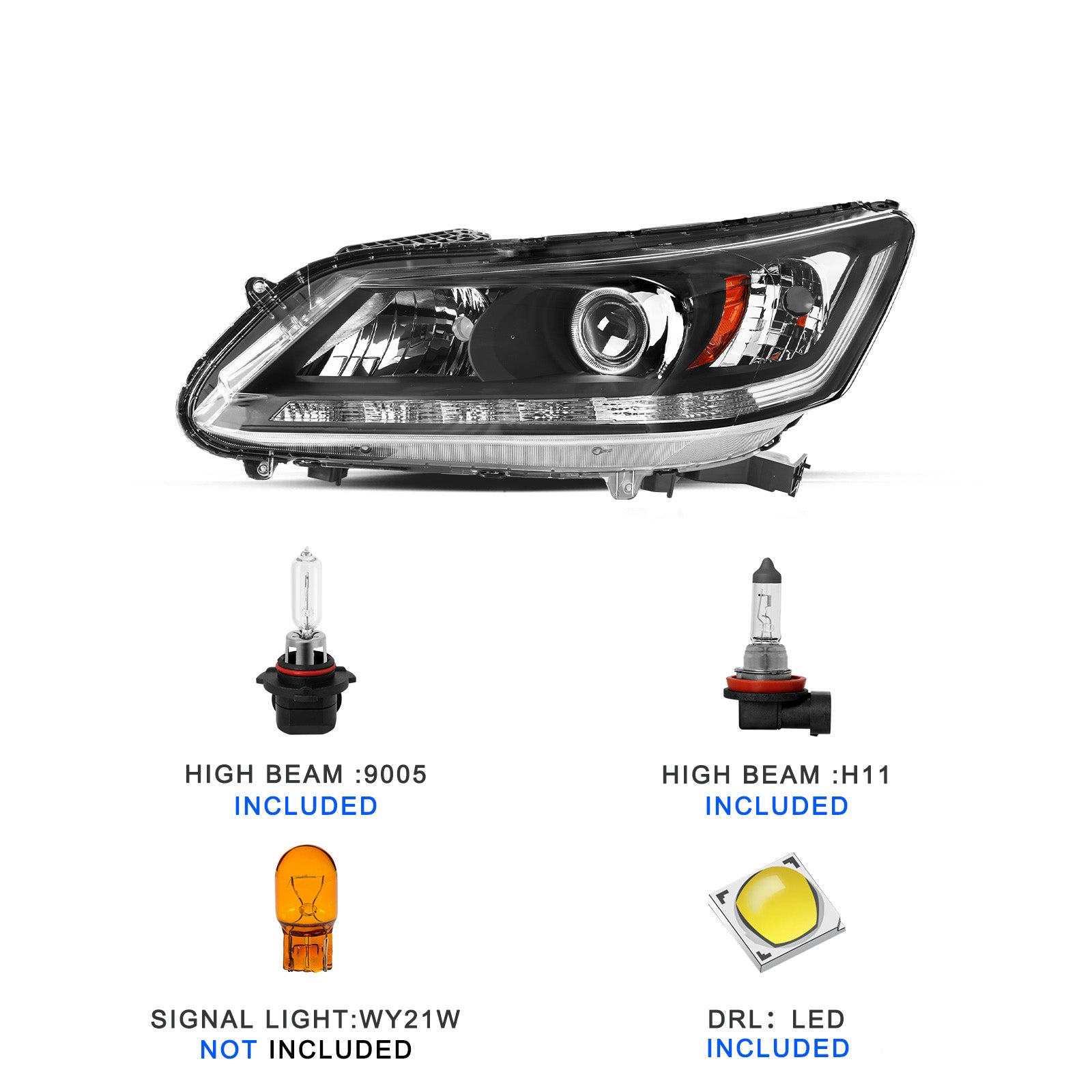 VehicleAid Headlights For 2013-2015 Honda Accord w/LED DRL