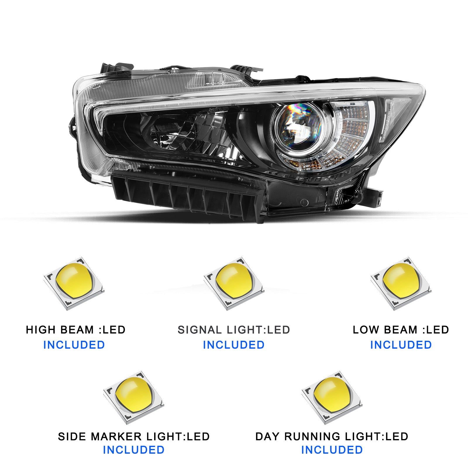 VehicleAid Full LED Headlights For 2014-2022 Infiniti Q50 w/o AFS