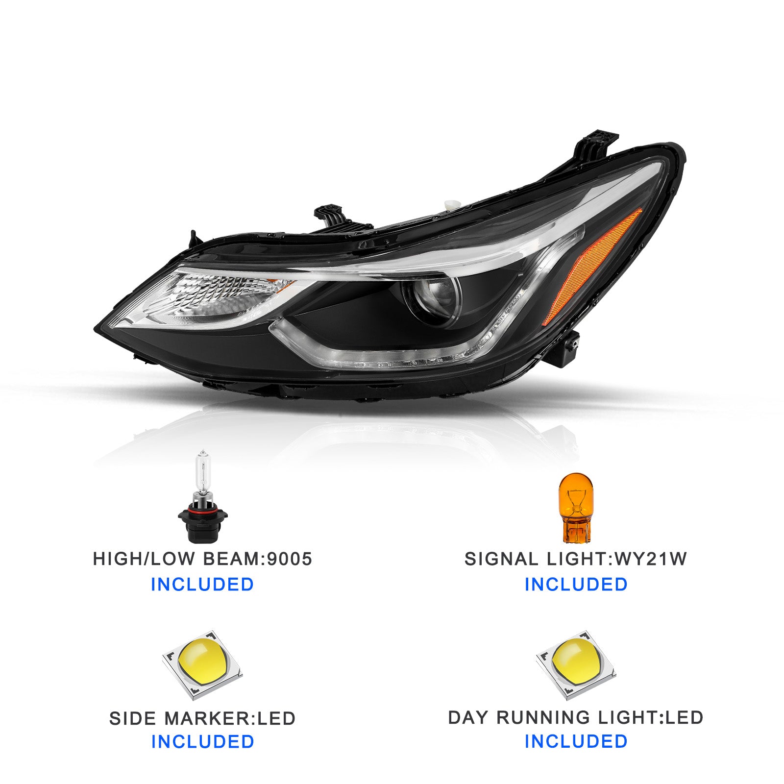 VehicleAid Headlights For 2016-2019 Chevy Cruze With LED DRL