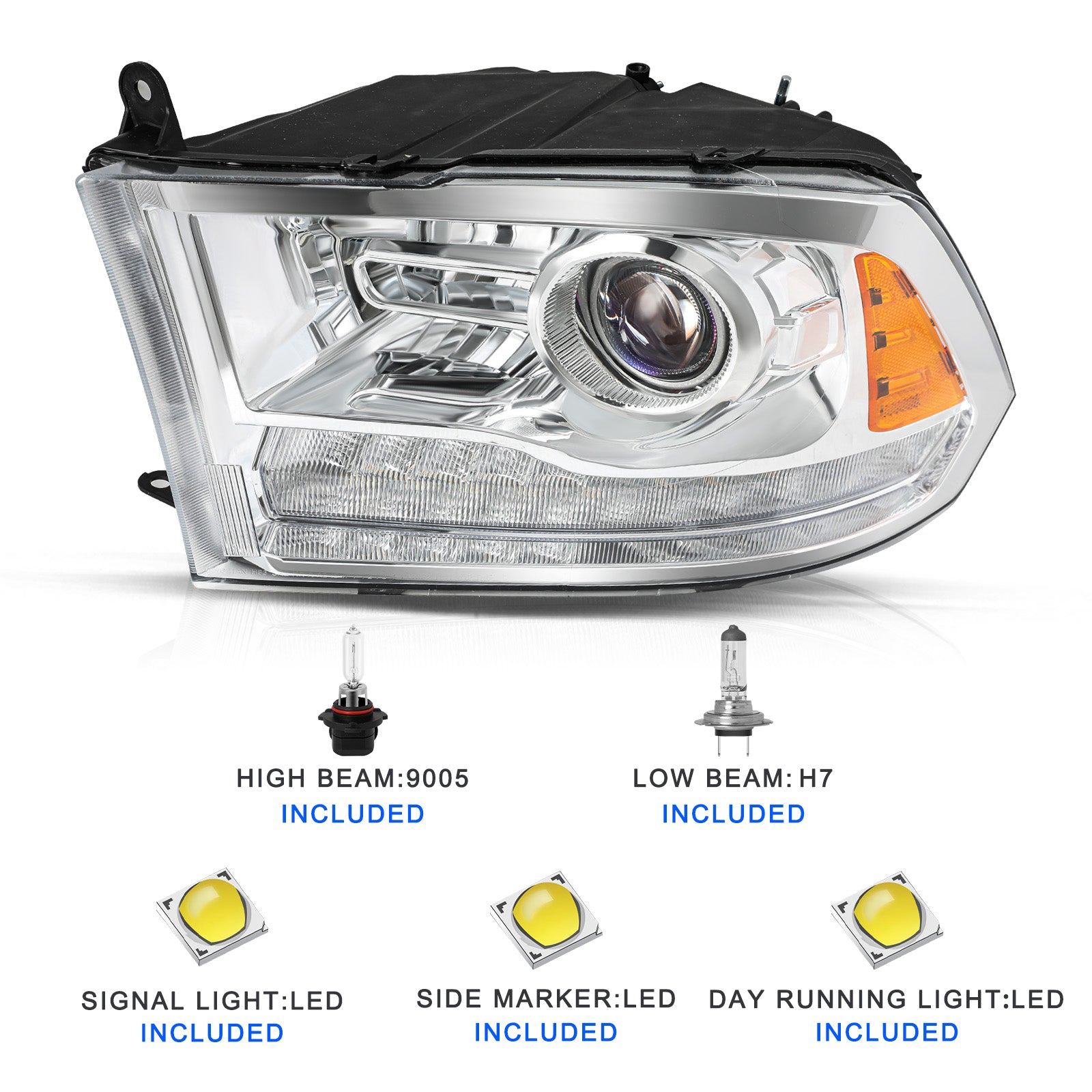 VehicleAid Headlights For 2009-2018 Dodge Ram 1500 Switchback LED Type