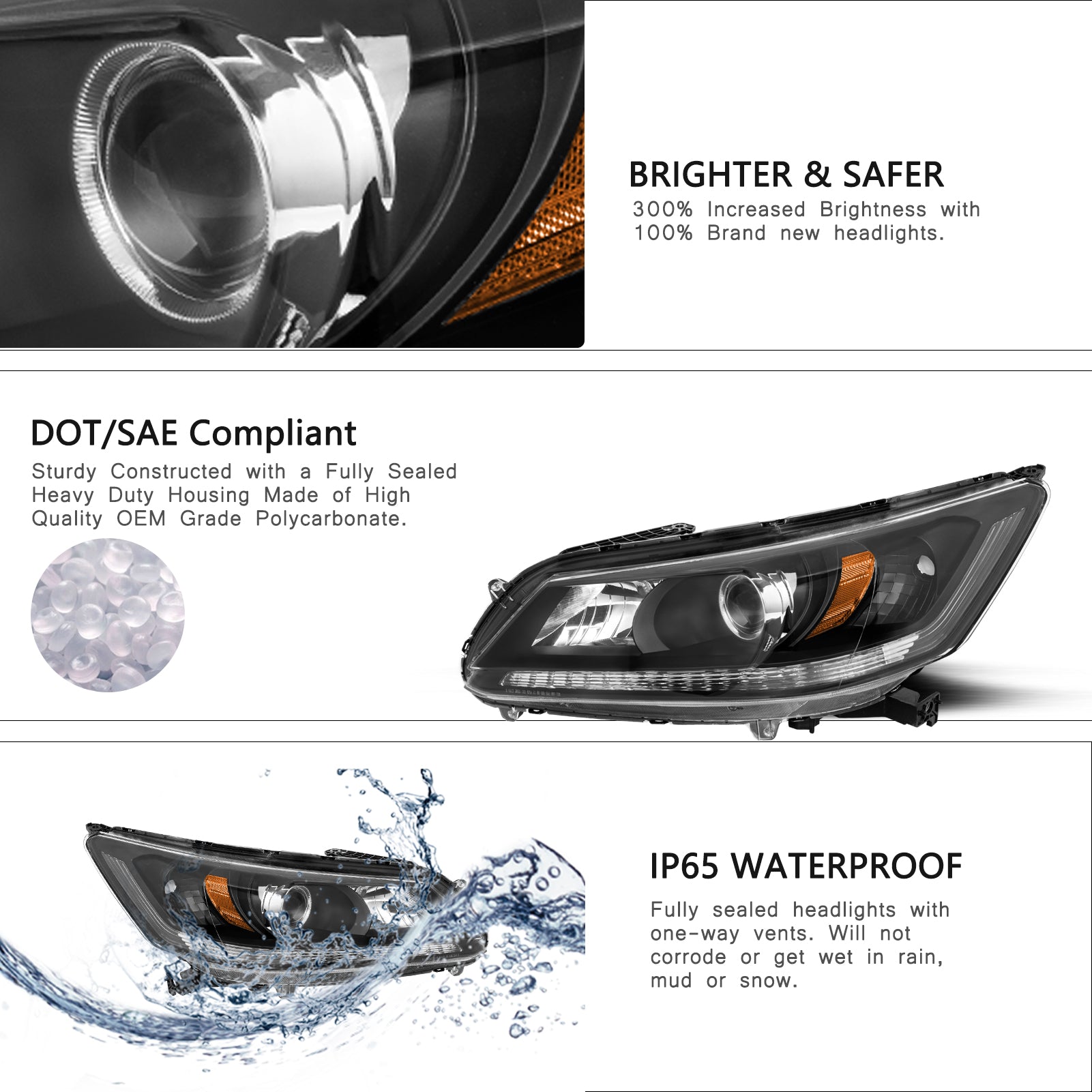 VehicleAid Headlights For 2013-2015 Honda Accord