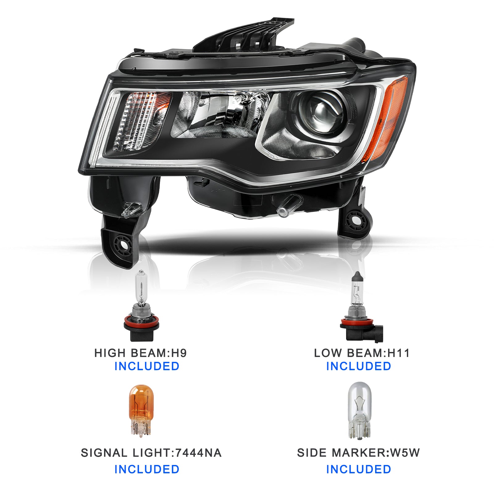 VehicleAid Headlights For 2017-2021 Jeep Grand Cherokee Chrome