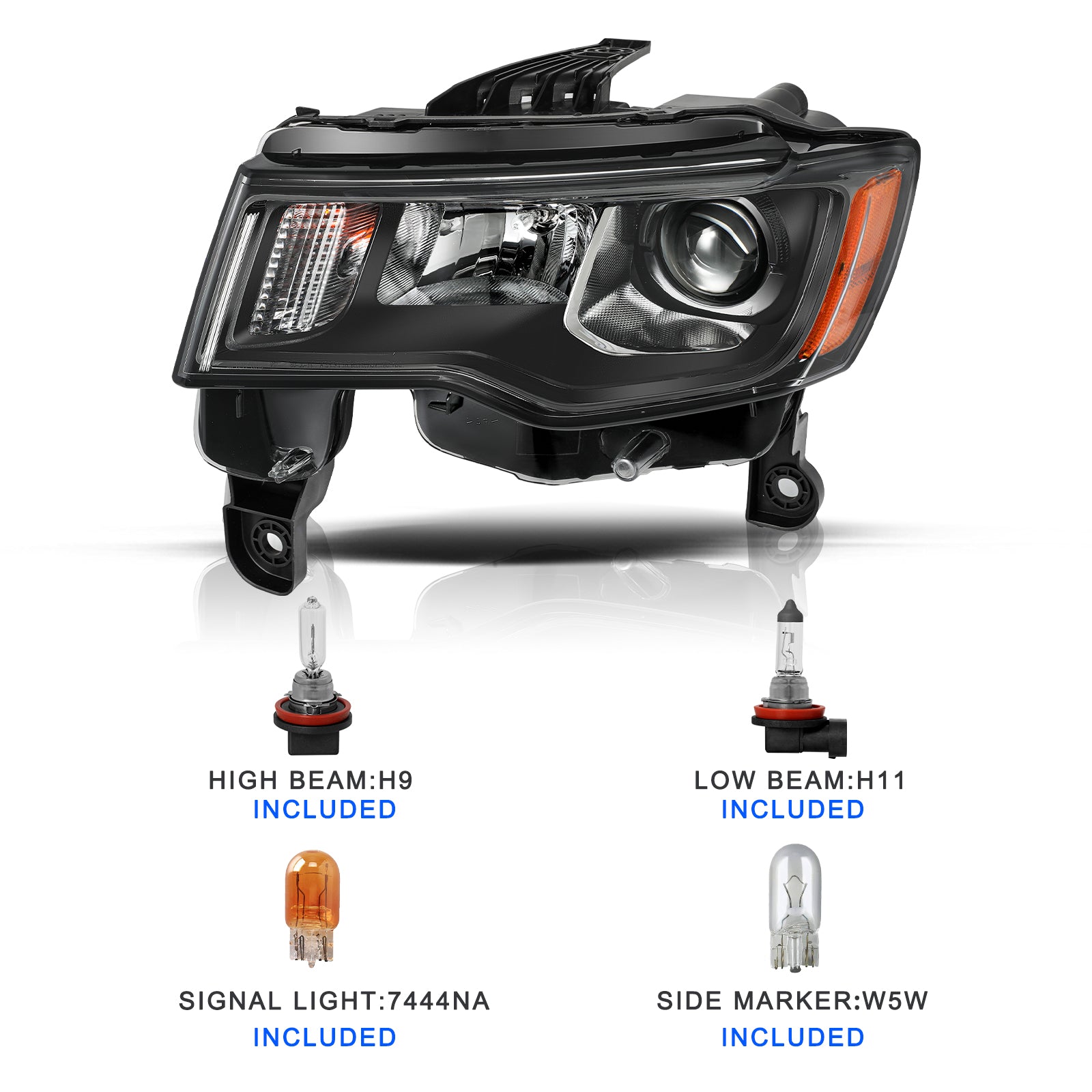 VehicleAid Headlights For 2017-2021 Jeep Grand Cherokee Black