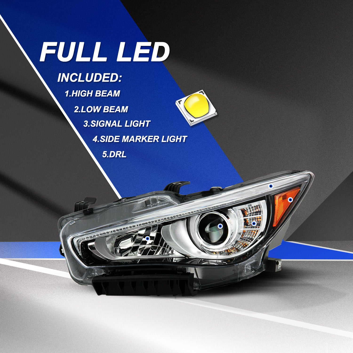 VehicleAid Full LED Headlights For 2014-2022 Infiniti Q50 w/o AFS