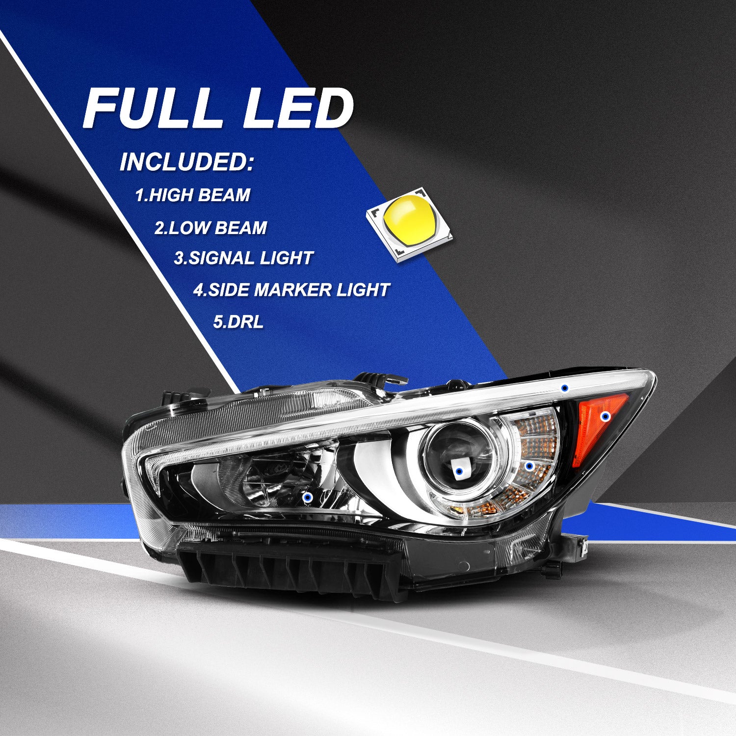 VehicleAid Full LED Headlights For 2014-2022 Infiniti Q50 w/AFS